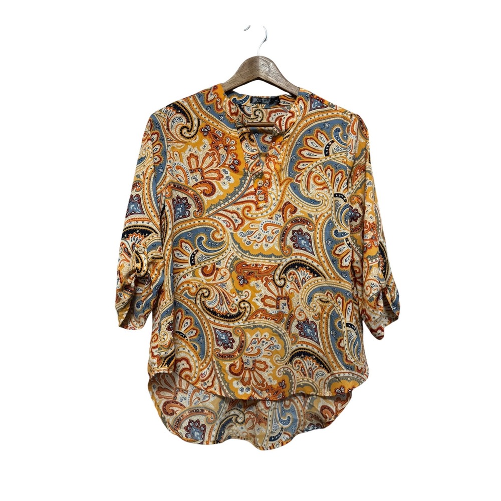 CURE Paisley Print Blouse Women Medium Yellow Orange 3/4 Roll-Tab Sleeve M3-2187